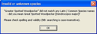 FieldNotes - Unrecognised Species error message