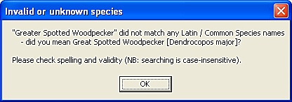 FieldNotes - Unrecognised Species error message