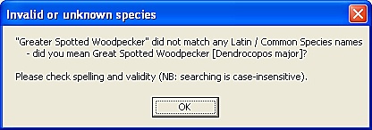 FieldNotes - Unrecognised Species error message