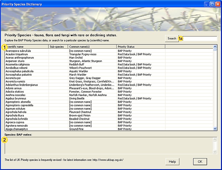 Priority Species database form