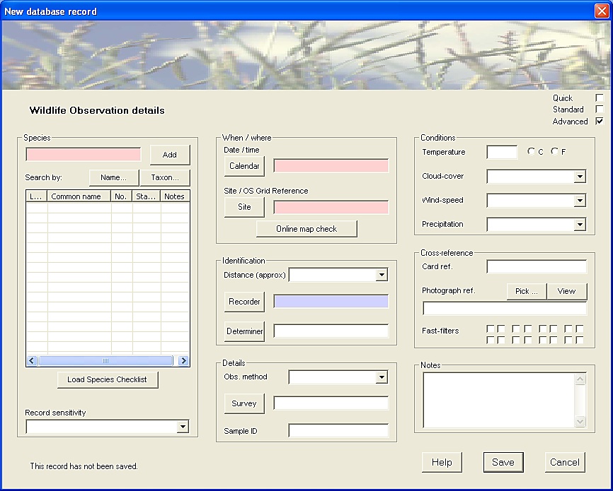 Observations Data-entry Form - 'Advanced' level-of-detail