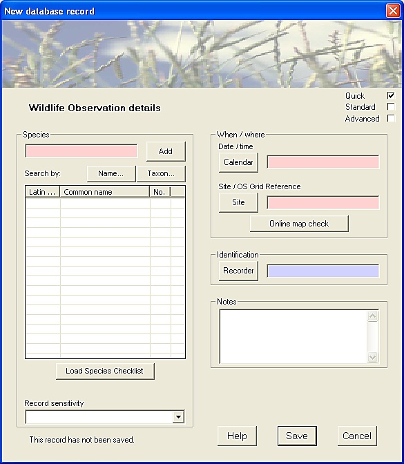 Observations Data-entry Form - 'Quick' level-of-detail