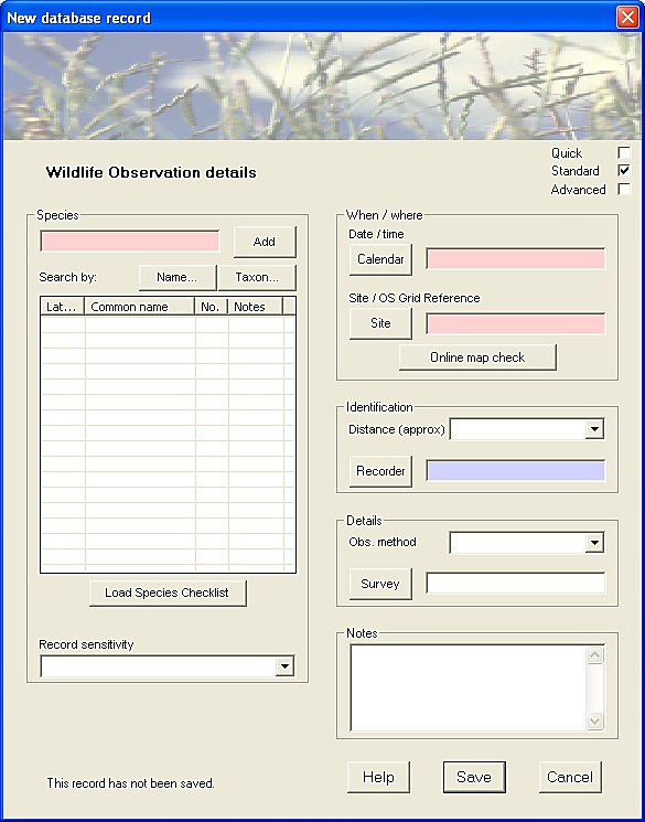 Observations Data-entry Form - 'Standard' level-of-detail