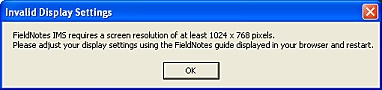 FieldNotes - Screen resolution error message